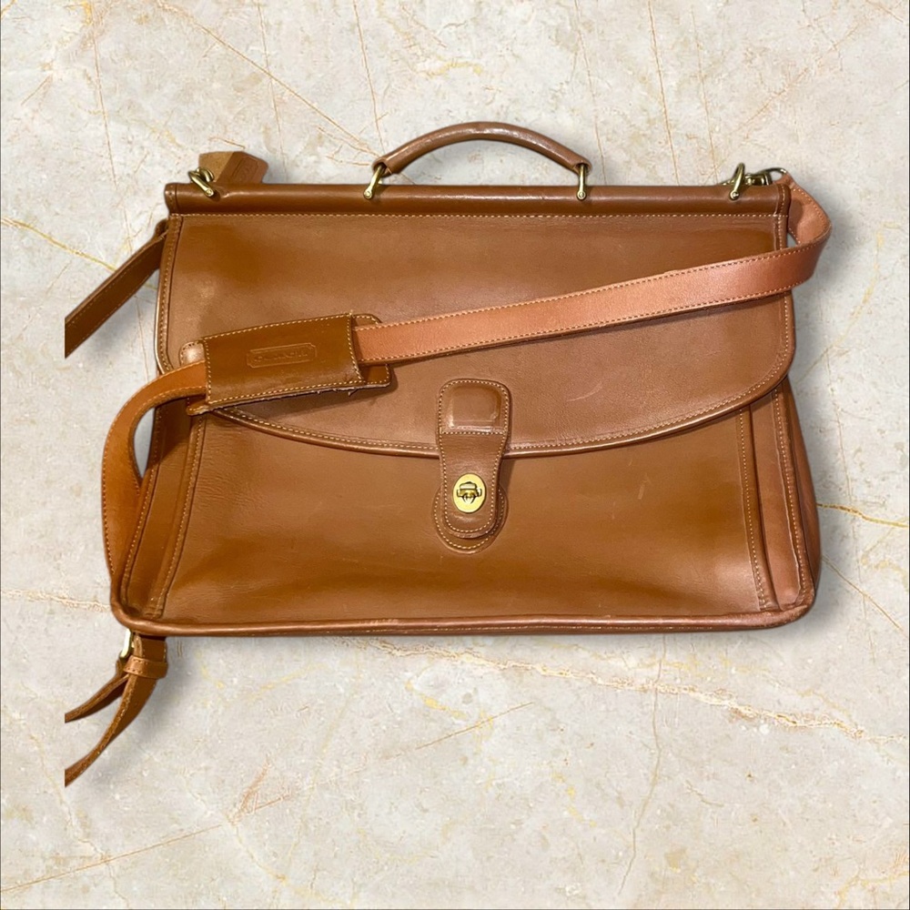 COACH Vintage Leather Briefcase Messenger British Tan Laptop Bag w Strap USA